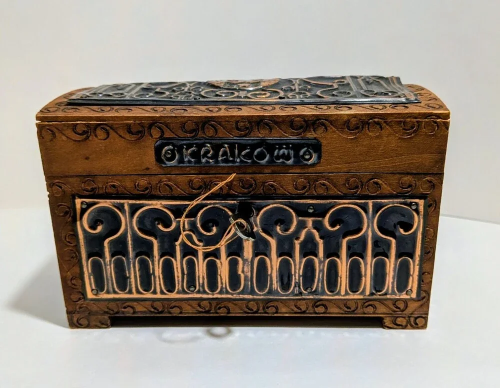 Vintage Kraków Wooden Box Castle Motif Metal Inlay Souvenir with Matching Key